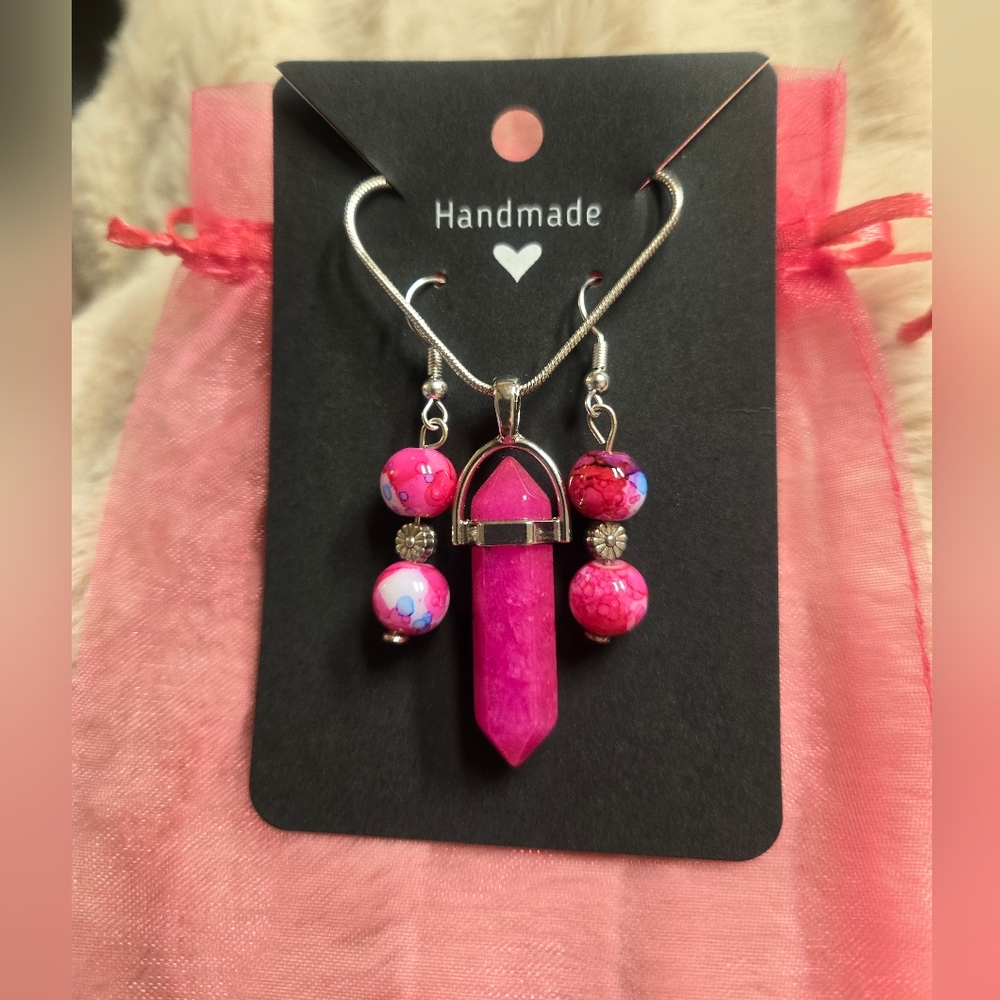 Handmade Silver And Pink Earring And Pendant Necklace Set